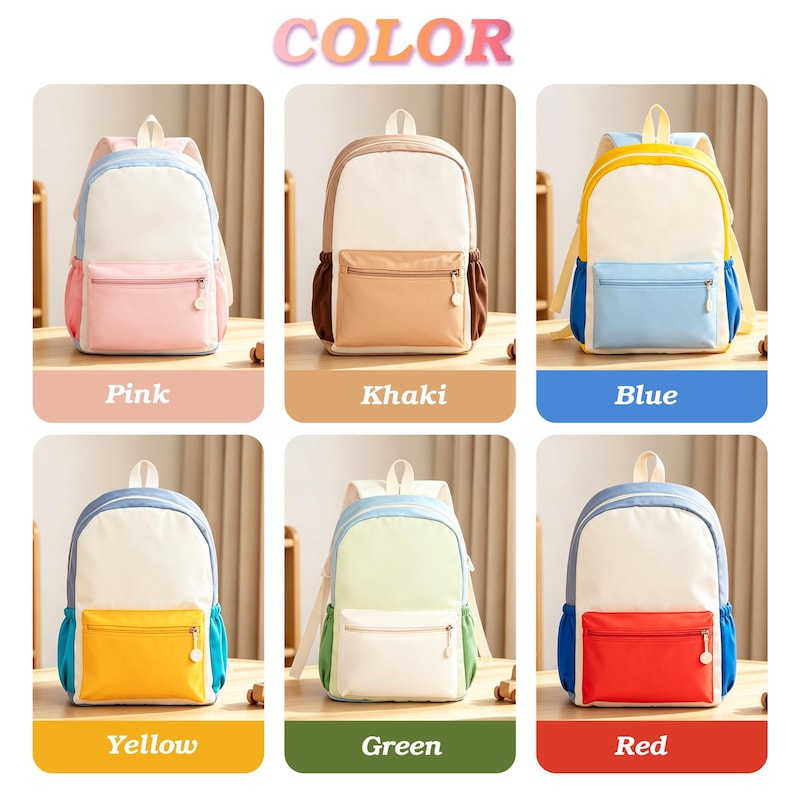 May include: Six backpacks displayed in a grid, each featuring a main compartment, a front zippered pocket, and side pockets. The colour combinations include pink, khaki, blue, yellow, green, and red accents on a white or light-coloured base.