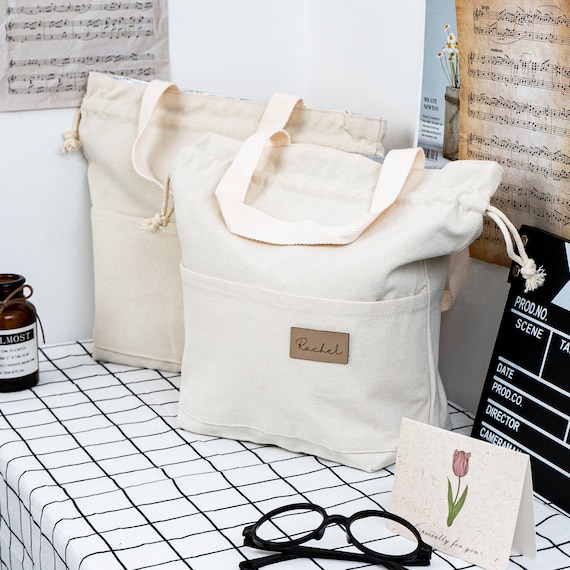 Personalized Canvas Lunch Bag with Leather Name Tag, Insulated Tote
