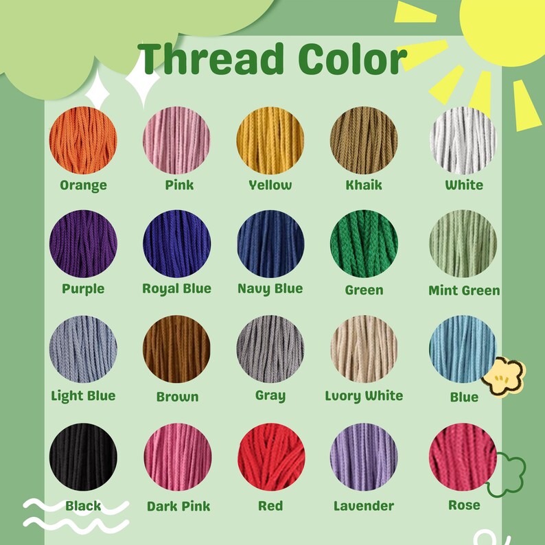 May include: A color chart displaying various thread colors, including orange, pink, yellow, khaki, and white. Additional colors are purple, royal blue, navy blue, green, mint green, light blue, brown, gray, ivory white, blue, black, dark pink, red, lavender, and rose.
