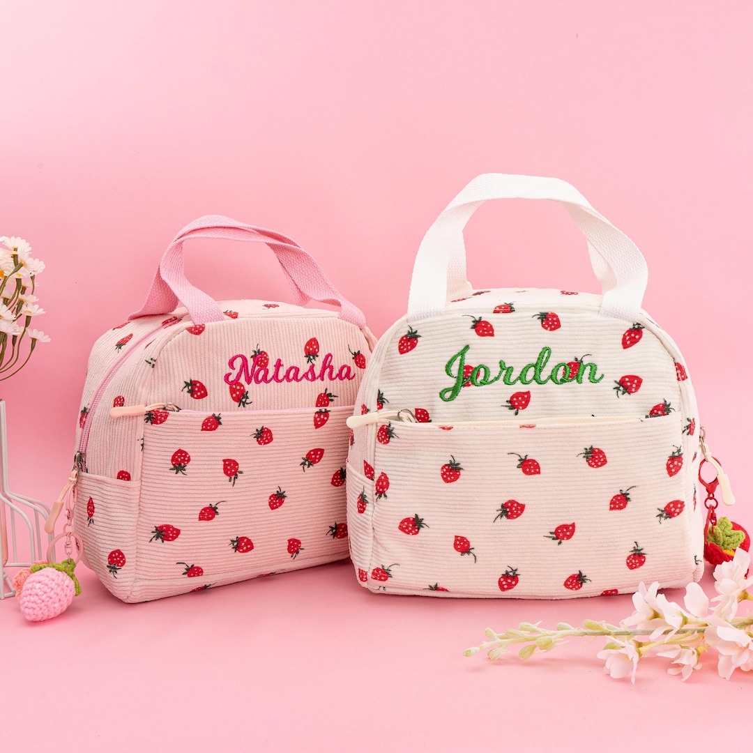 Custom Strawberry Corduroy Lunch Bag, Personalized Insulated Lunch Box ...