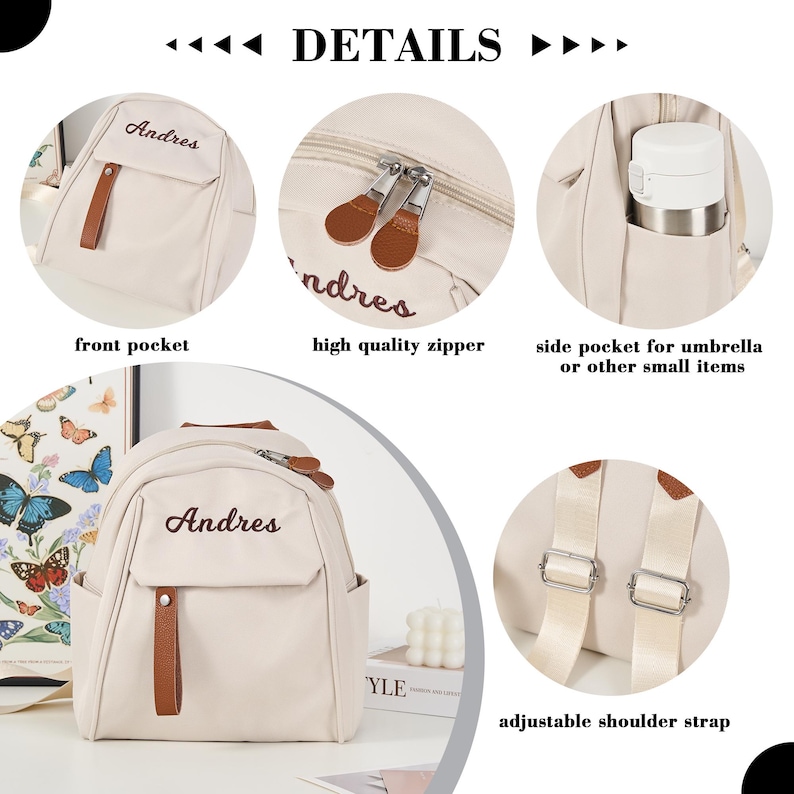 Puede incluir: Mochila beige con detalles marrones, con un bolsillo frontal, cremallera de alta calidad y bolsillo lateral. La mochila tiene correas ajustables para los hombros y el nombre "Andres" bordado en la parte delantera.