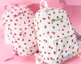Personalized Strawberry Corduroy Backpack Lunch Bag Set, Embroidered Name
