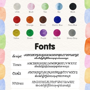 May include: A chart displaying thread color options and font styles. The thread colors include white, blush, tea, sky, black, red, orange, brown, electric blue, navy blue, yellow, green, purple, hot pink, and silvery gray. The fonts are Script, Times, Curlz, RMGrass, and Fairy Tale.