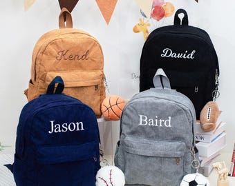 Personalized Corduroy Kids Backpack, Embroidered Book Bag with Sport Charm