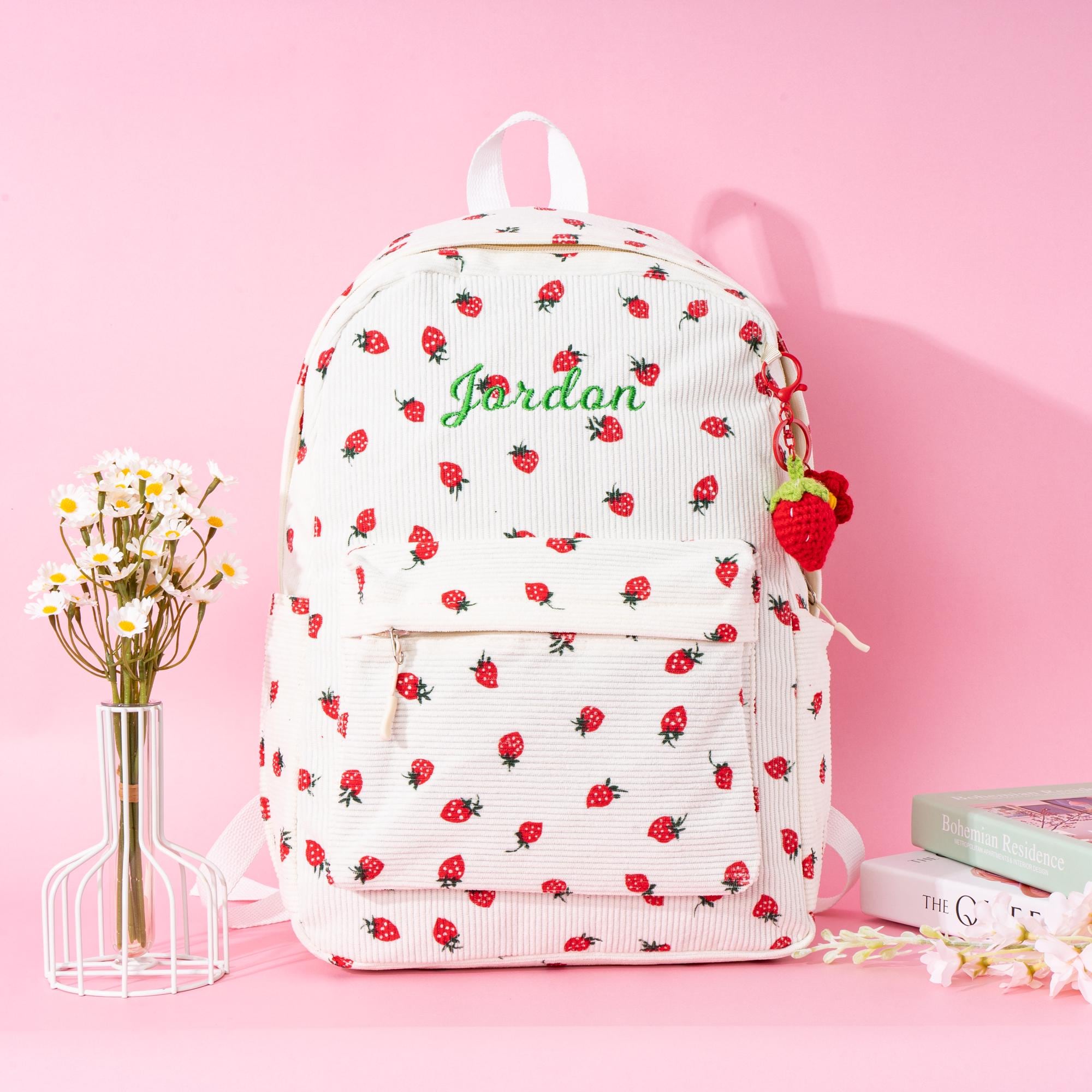 Strawberry Corduroy Backpack Amazon.com: Cute Corduroy Backpack Strawberry Multi Pockets  main image 3