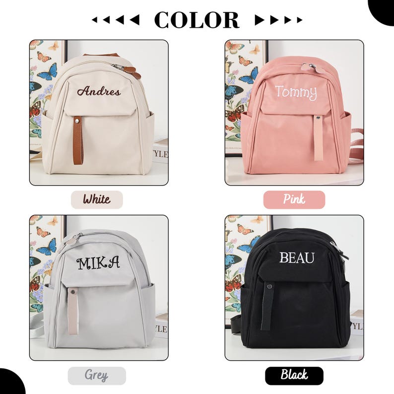 Puede incluir: Cuatro mochilas en blanco, rosa, gris y negro. Cada mochila tiene un bolsillo frontal, un asa superior y un nombre bordado en la parte delantera. La mochila blanca dice "Andres", la rosa dice "Tommy", la gris dice "MIKA" y la negra dice "BEAU".