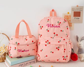 Personalized Cherry Backpack Set, Custom Kids Backpack and Lunch Bag, First Day  School Gift