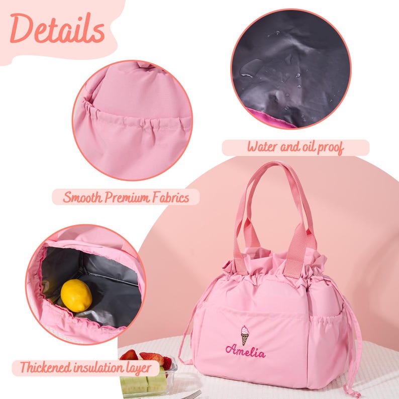 Custom Embroidered Lunch Bag: Insulated Drawstring Bag, Ice Cream & Cupcake Design image 4