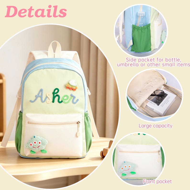 May include: A light green and blue backpack featuring the embroidered name Asher, a plush alien patch, and a front zipped pocket. The design includes side pockets for bottles, adjustable straps, and a spacious interior compartment for storage.