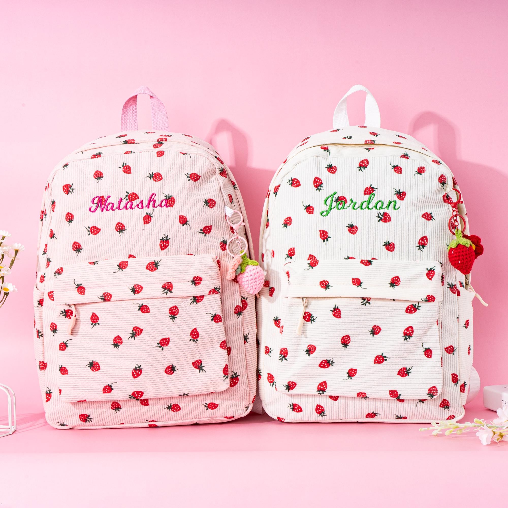 Custom Strawberry Name Backpack, Personalized School Bag For Her, Toddler Embroidered Name Backpack, Personalized Corduroy Backpack For Her