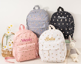 Floral Toddler Backpack, Personalized Kids Book Bag, Embroidery Gift