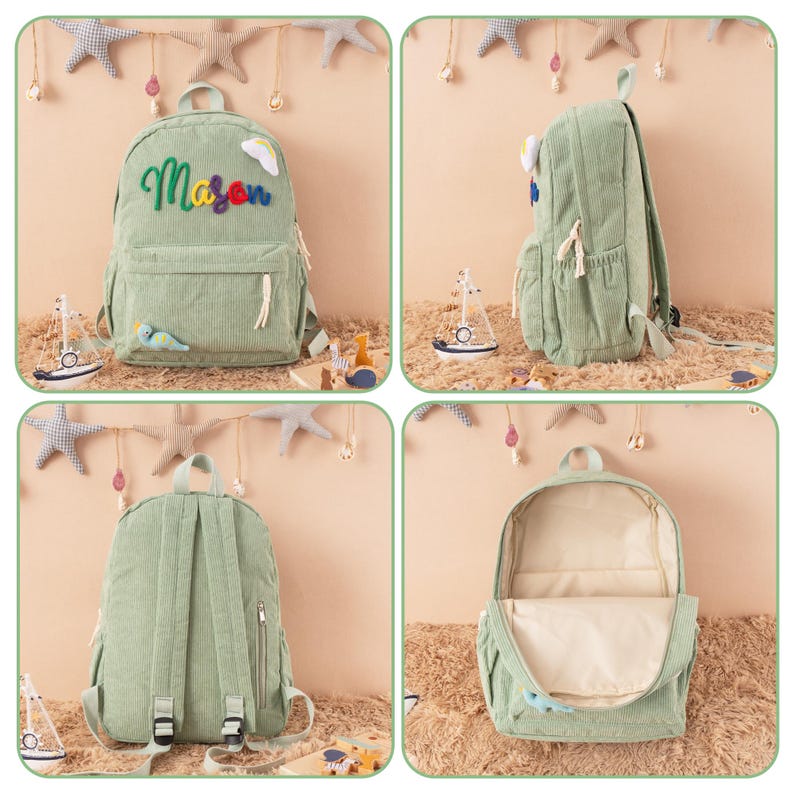 May include: A light green corduroy backpack with the name "Mason" embroidered in colorful thread. The backpack has a front pocket, side pockets, and a top handle. Decorative appliques include a bird and a cloud.