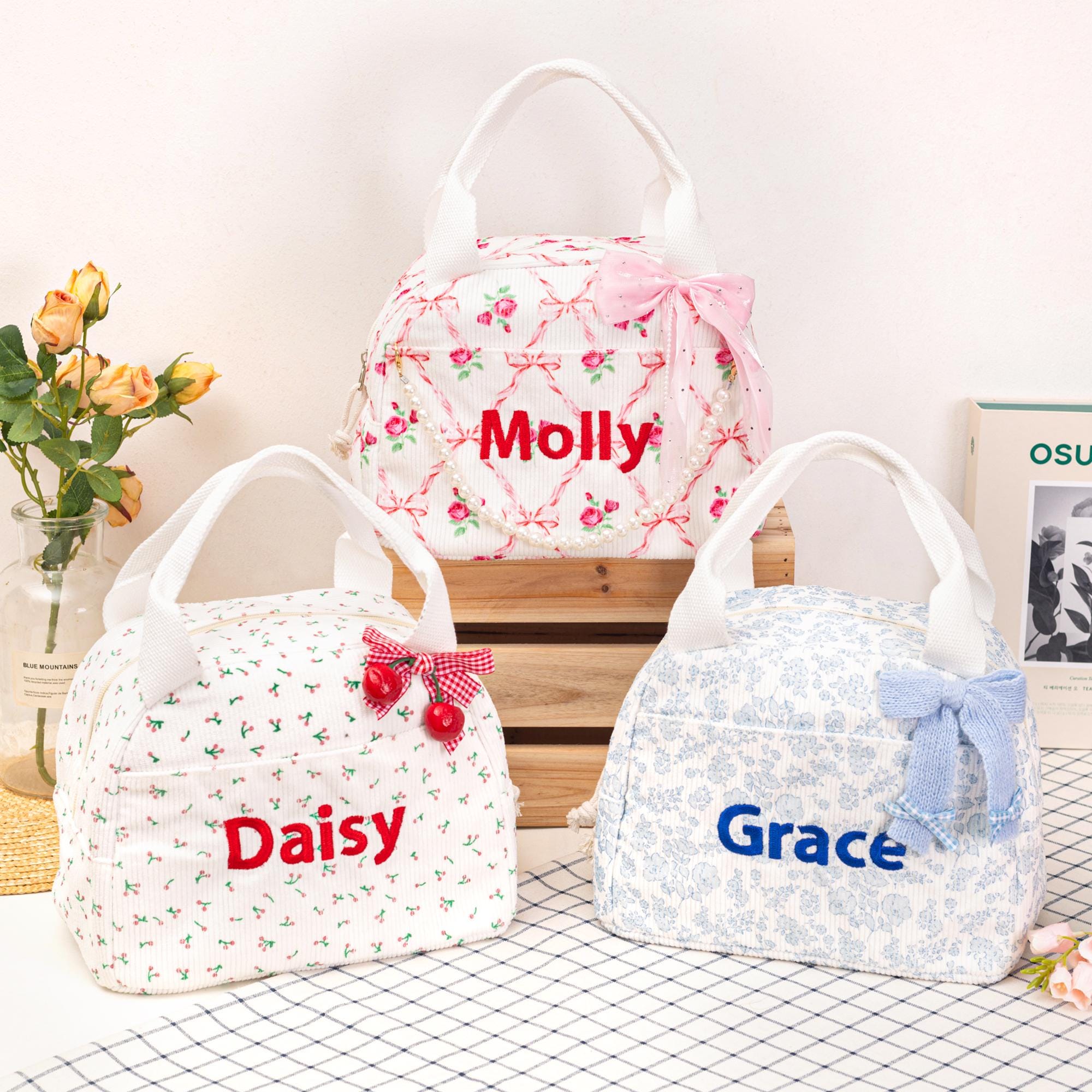 Custom Embroidered Corduroy Lunch Bag, Insulated Cooler Tote for Women ...