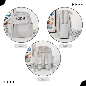 Puede incluir: Una mochila gris claro con el nombre "MIKA" impreso en la parte delantera. La mochila tiene un bolsillo frontal, un asa superior y correas ajustables. Las correas y el asa son de color rosa claro. La mochila se muestra de frente, de lado y de atr&aacute;s.