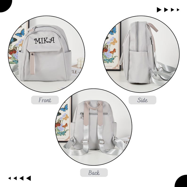 Puede incluir: Una mochila gris claro con el nombre "MIKA" impreso en la parte delantera. La mochila tiene un bolsillo frontal, un asa superior y correas ajustables. Las correas y el asa son de color rosa claro. La mochila se muestra de frente, de lado y de atr&aacute;s.