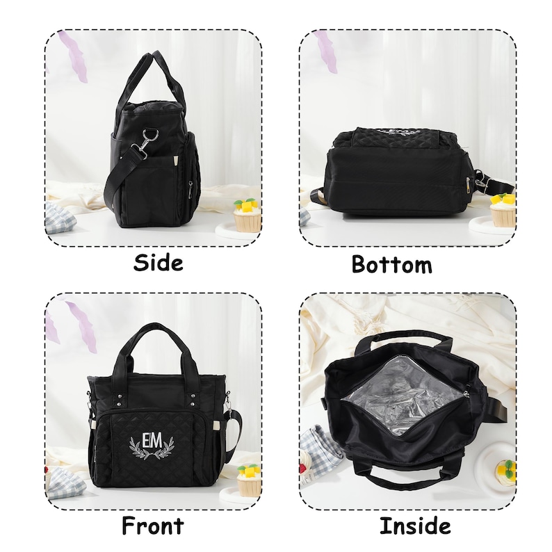 May include: Black diaper bag with multiple views: side, bottom, front, and inside. The front of the bag has the initials "EM" embroidered within a laurel wreath. The bag has a top handle and a detachable shoulder strap. The inside is insulated.