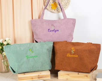 Custom Floral Embroidered Corduroy Tote Bag, Personalized Name Women Shoulder Bag, Bridesmaid, Christmas Gift