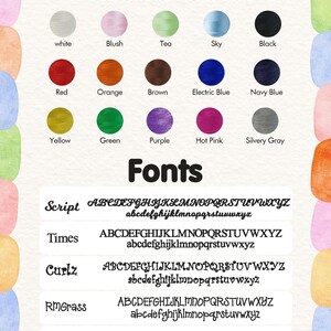 Puede incluir: Un gr&aacute;fico que muestra opciones de color de hilo y estilos de fuente. Los colores de hilo incluyen blanco, rubor, t&eacute;, cielo, negro, rojo, naranja, marr&oacute;n, azul el&eacute;ctrico, azul marino, amarillo, verde, morado, rosa intenso y gris plateado. Las fuentes son Script, Times, Curlz, RMGrass y Fairy Tale.