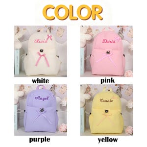 May include: A collection of four backpacks in white, pink, purple, and yellow. Each backpack has a bow and a name embroidered on it. The word "COLOR" is at the top of the image.