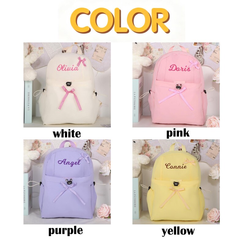 May include: A collection of four backpacks in white, pink, purple, and yellow. Each backpack has a bow and a name embroidered on it. The word "COLOR" is at the top of the image.