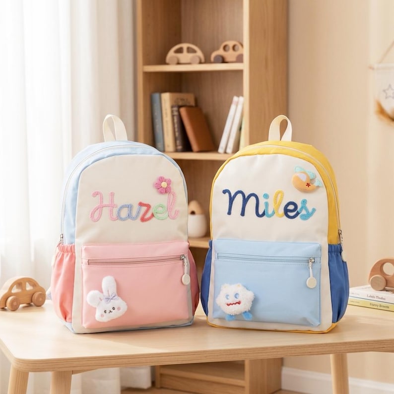 May include: Two backpacks with top handles and front zippered pockets. The left bag is light blue and cream with the name Hazel and a plush flower and bunny. The right bag is yellow and cream with the name Miles and a plush helicopter and monster.