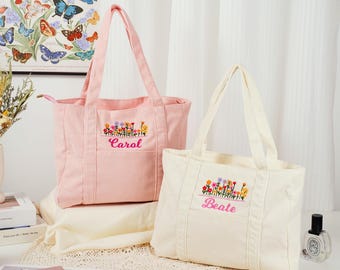 Embroidered Corduroy Tote Bag: Personalized Floral Gift