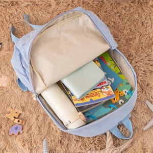 May include: Open light blue corduroy backpack filled with books, a light blue wallet, and a white water bottle. The backpack has blue straps and is open, revealing the contents. The background is a soft, brown, textured surface.