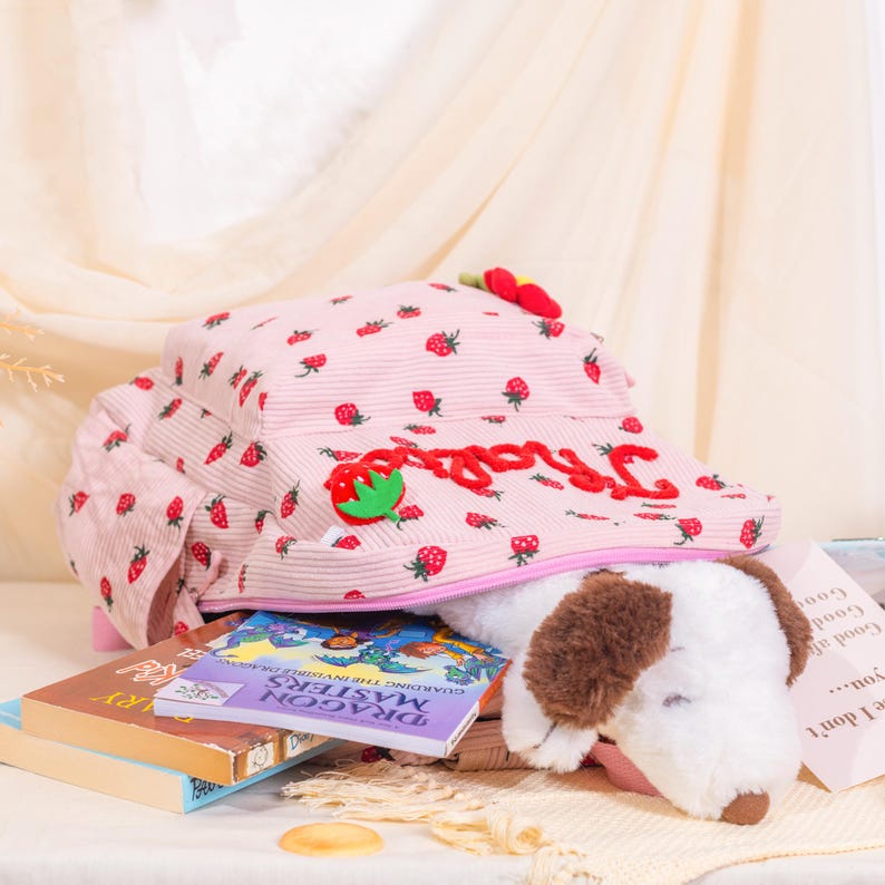 May include: A pink corduroy bucket hat with a strawberry pattern and the word "Strawberry" embroidered in red. A plush dog toy and books are visible.