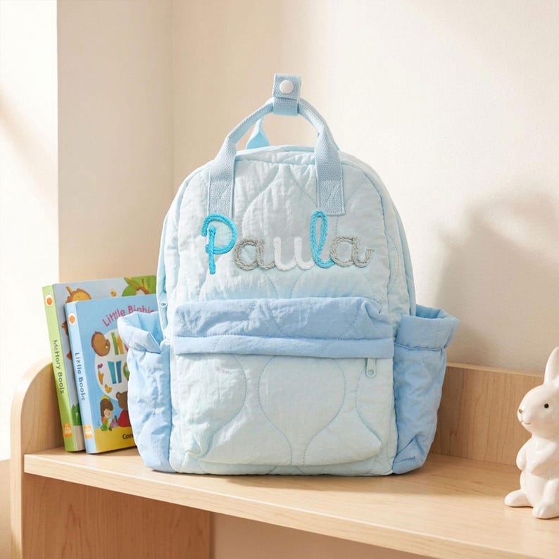 Personalized Crinkle Quilted Kids Backpack, Toddler Preschool Daycare Bag, Back to School Gift Blue