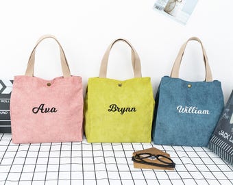 Personalized Corduroy Lunch Bag, Custom Embroidery Tote, Insulated