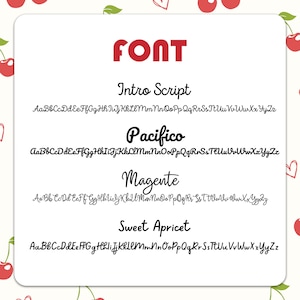 May include: A white card with the word "FONT" in red block letters at the top. Below are four font styles: Intro Script, Pacifico, Magente, and Sweet Apricet. Each font is displayed with the alphabet.