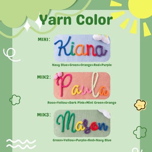 May include: An image showcasing three custom yarn name designs. The names "Kiana", "Paula", and "Mason" are displayed in various color combinations. The text "Yarn Color" is at the top, with color details below each name.