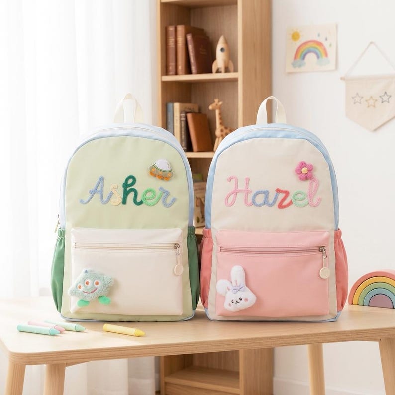 May include: Two backpacks with personalised names embroidered on the front. The left backpack is light green with the name Asher and a small UFO patch. The right backpack is cream with the name Hazel, a pink flower patch, and a white rabbit patch.