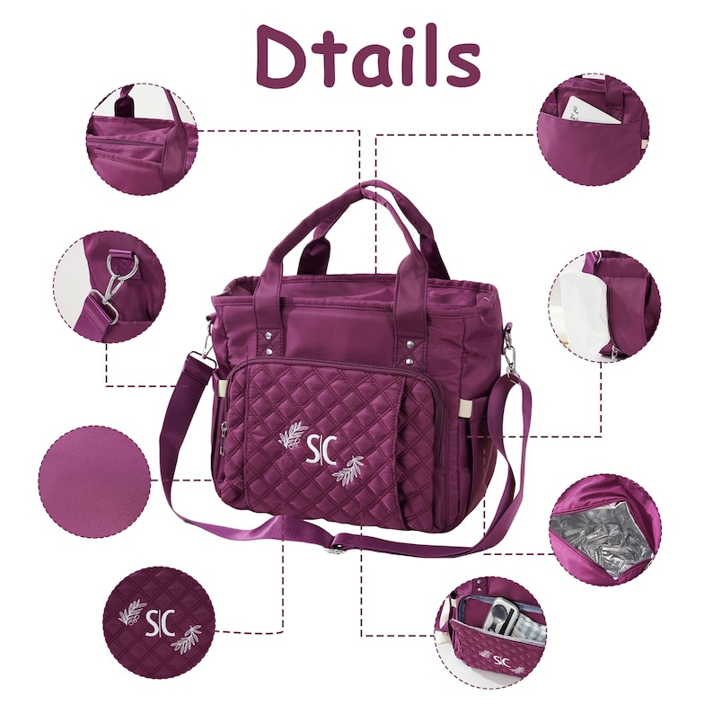 May include: A plum-colored tote bag with multiple compartments and a quilted front pocket. The bag features a shoulder strap and top handles. The front pocket is embroidered with the letters "SIC" and a floral design. The word "Details" is written in purple at the top.