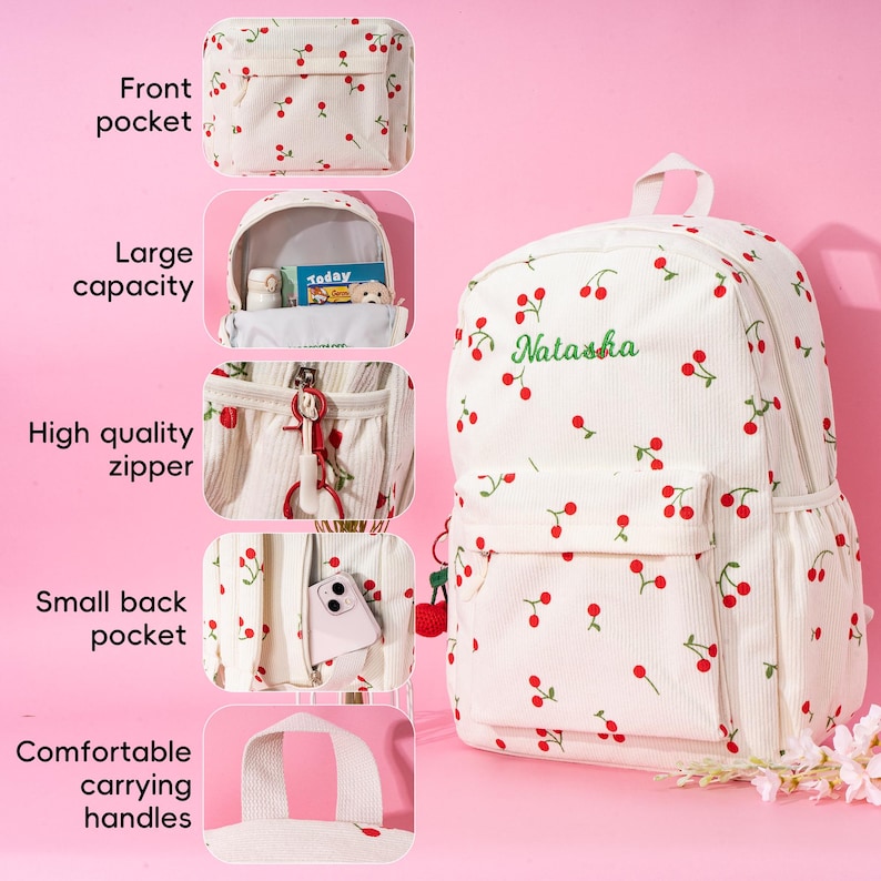 May include: White canvas backpack with a cherry print and the name "Natasha" embroidered on the front. The backpack has a front pocket, a large main compartment, a small back pocket, and comfortable carrying handles.