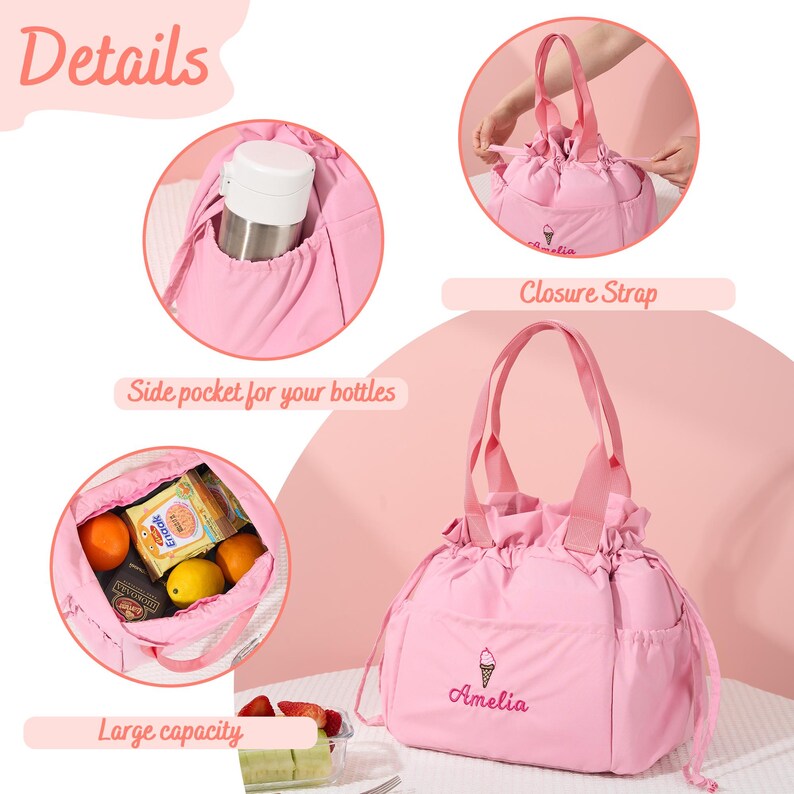 Custom Embroidered Lunch Bag: Insulated Drawstring Bag, Ice Cream & Cupcake Design image 5