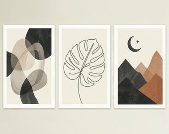 Set 3 Stampe Minimaliste Wall Art Japandi Neutra Galleria d'Arte Digitale Poster Astratti e Botanici Arredo Casa Lusso Download Istantaneo