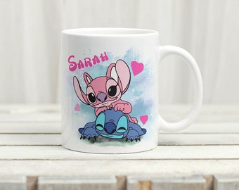 Personalisierte Stitch-Tasse, Kindertasse, Stitch und Angel, personalisierbare Tasse als Geschenk, Tasse mit Namensaufdruck