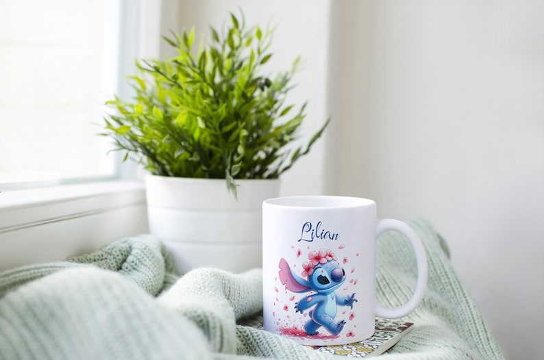 Personalized stitch mug, children's cup, stitch flower with first name, customizable mug to offer, personalized first name cup image 4