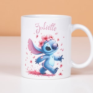 Personalized stitch mug, children's cup, stitch flower with first name, customizable mug to offer, personalized first name cup image 1