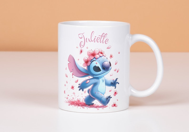 Personalized stitch mug, children's cup, stitch flower with first name, customizable mug to offer, personalized first name cup image 1