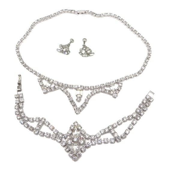 Clear Rhinestone Parure, Kramer Necklace and Unsi… - image 1