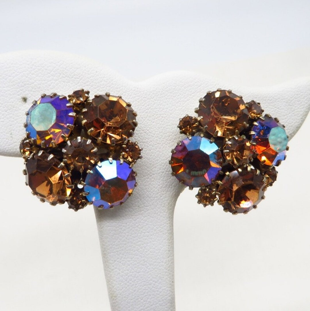 Weiss Brown Rhinestone Cluster Clip-on Earrings - Etsy