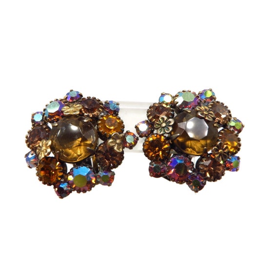 Weiss Brown Rhinestone Earrings, Gold Tone Flower 