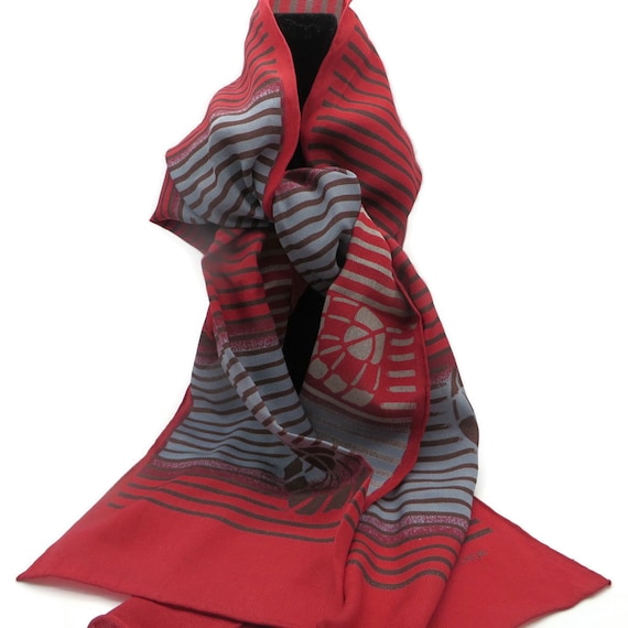 ECHO Silk Scarf, Red and Blue Striped Scarf 45 In… - image 1