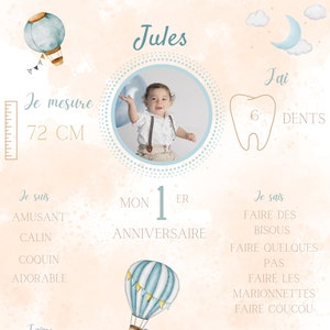 Personalized child birthday poster first birthday 1 year hot air balloon theme A4 A3