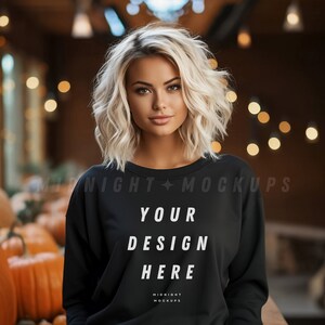 Black Crewneck Sweatshirt Mockup - Halloween Fall Pumpkins Theme