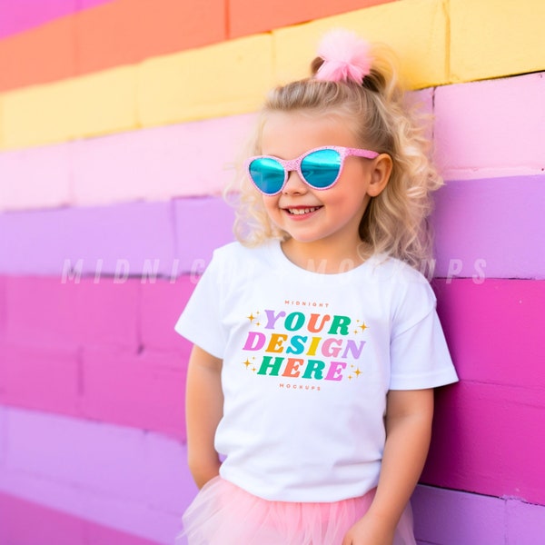 Children's White T-Shirt Mockup - Colorful Bright Fun Back to School Pink Doll with Ballerina Tutu