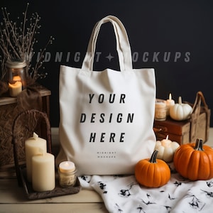 Natural Canvas Tote Bag Mockup - Fall Halloween Pumpkin Theme