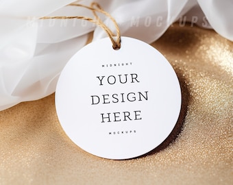 PSD & JPG Round Christmas Gift Tag Mockup - Gold Glitter Sparkle Holiday Tag Smart Object Mock Up